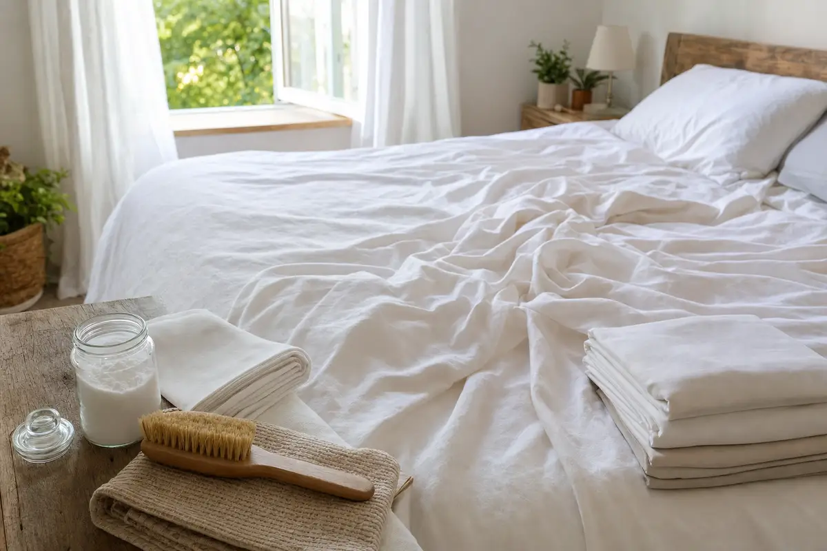 Letto con lenzuola bianche stropicciate, finestra aperta e barattolo di bicarbonato con spazzola e lenzuola pulite