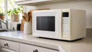 Microonde ingiallito dal tempo nella cucina di casa