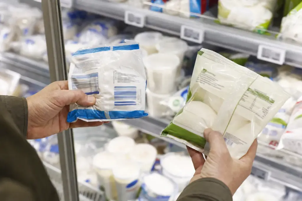 Mani di un cliente che confronta due confezioni di mozzarella davanti al banco frigo del supermercato