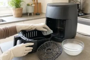 Mani con guanti puliscono il cestello di una friggitrice ad aria aperta, con griglia e acqua saponata sul piano