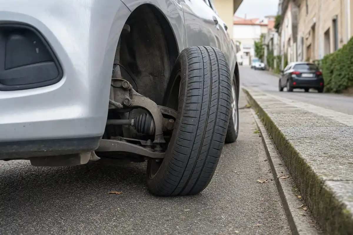 Ruota anteriore di un’auto parcheggiata con le gomme sterzate vicino al marciapiede su una strada in lieve pendenza
