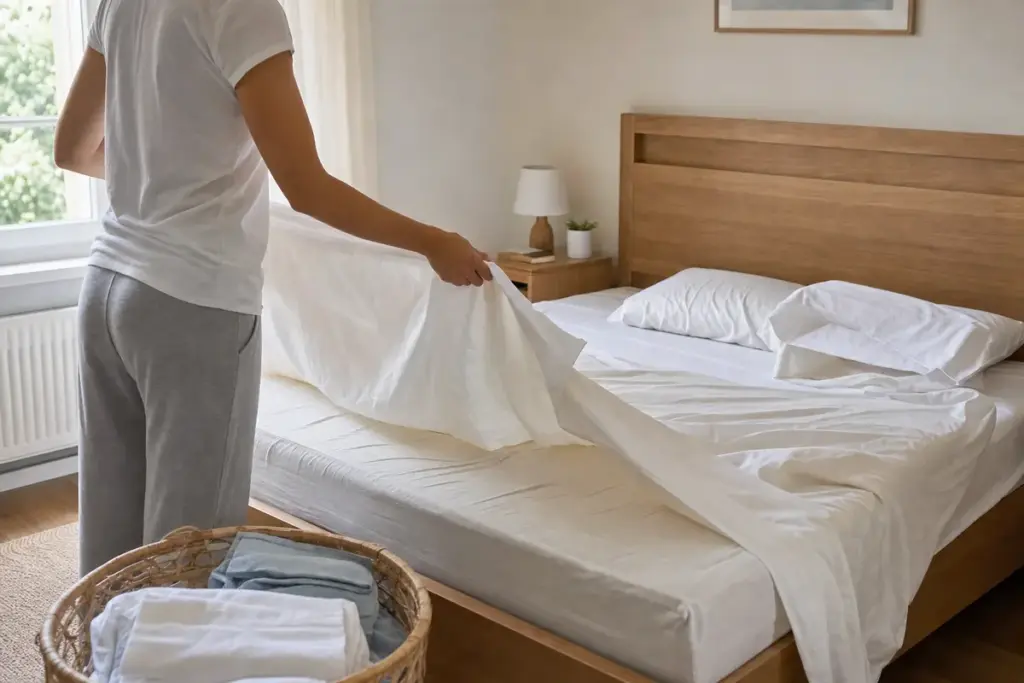 Persona di spalle che toglie le lenzuola bianche dal letto in una camera luminosa, con cesta della biancheria