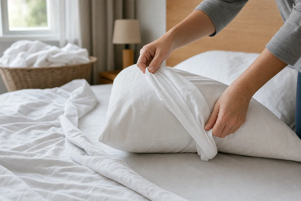 Mani che sfilano una federa bianca da un cuscino su un letto con lenzuola chiare e cesta della biancheria sullo sfondo