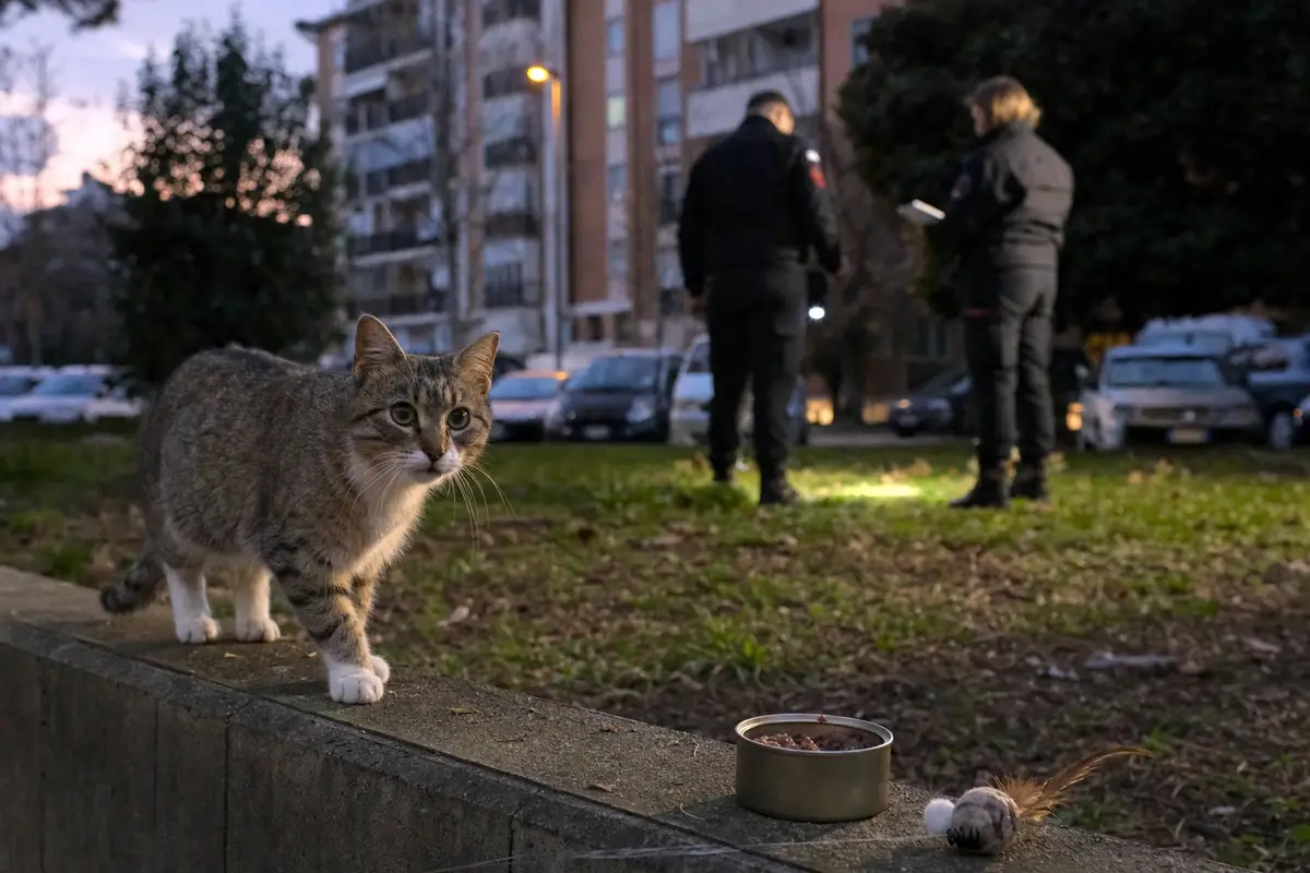 Gatto tigrato su un muretto al crepuscolo, con ciotola di cibo e due agenti sullo sfondo con torcia