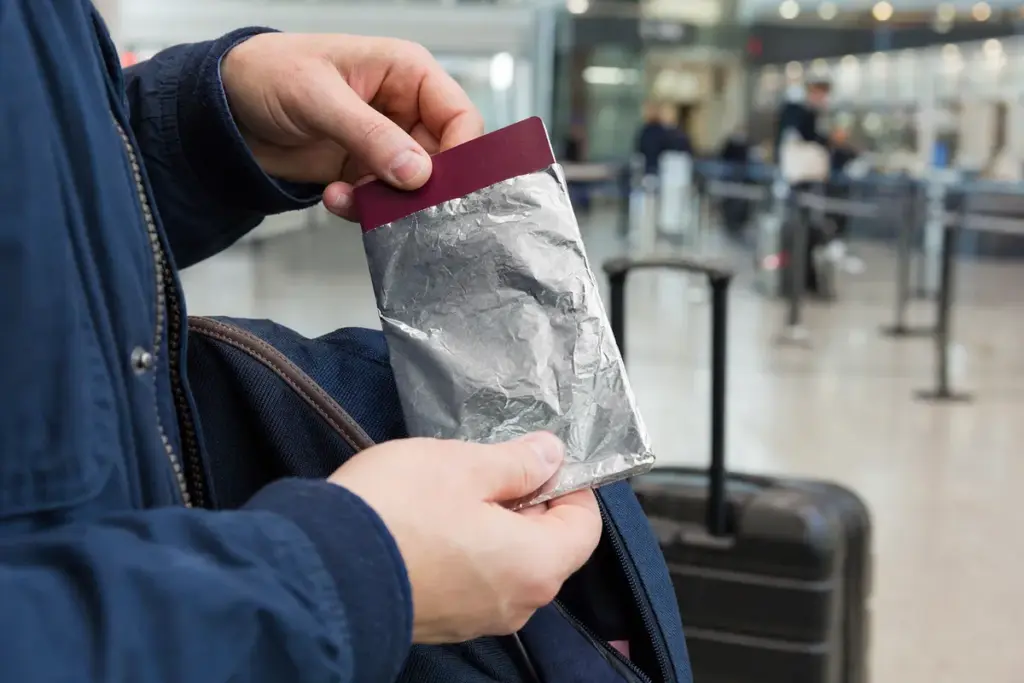 Mani che tengono un passaporto bordeaux parzialmente avvolto nella carta stagnola in aeroporto