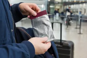 Mani che tengono un passaporto bordeaux parzialmente avvolto nella carta stagnola in aeroporto