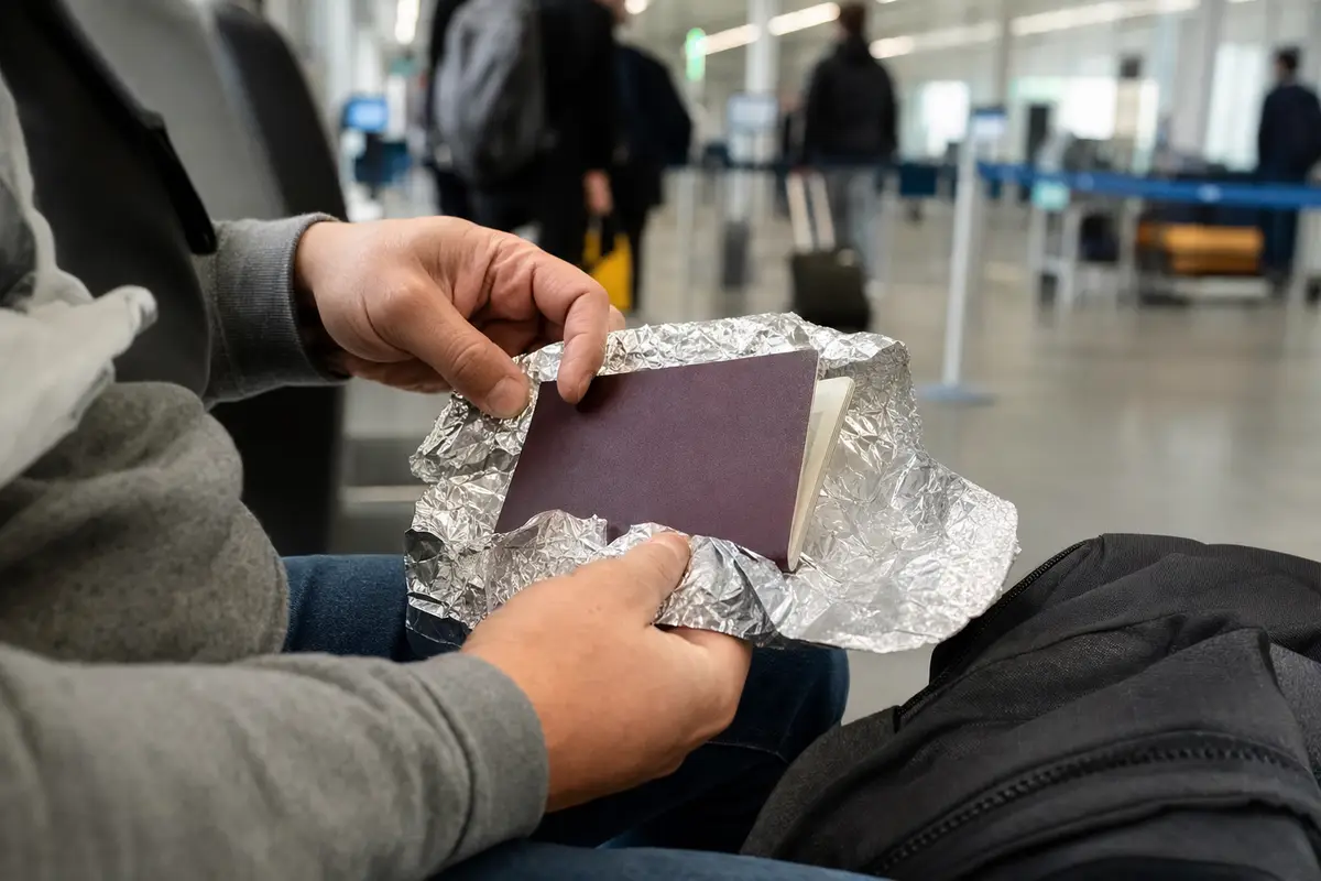 Mani che avvolgono un passaporto in un foglio di carta stagnola in un aeroporto, con viaggiatori sfocati sullo sfondo