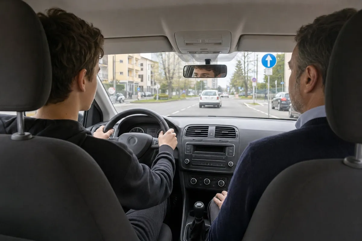 Ragazzo al volante con un adulto accanto, visto dal sedile posteriore, su strada urbana di giorno