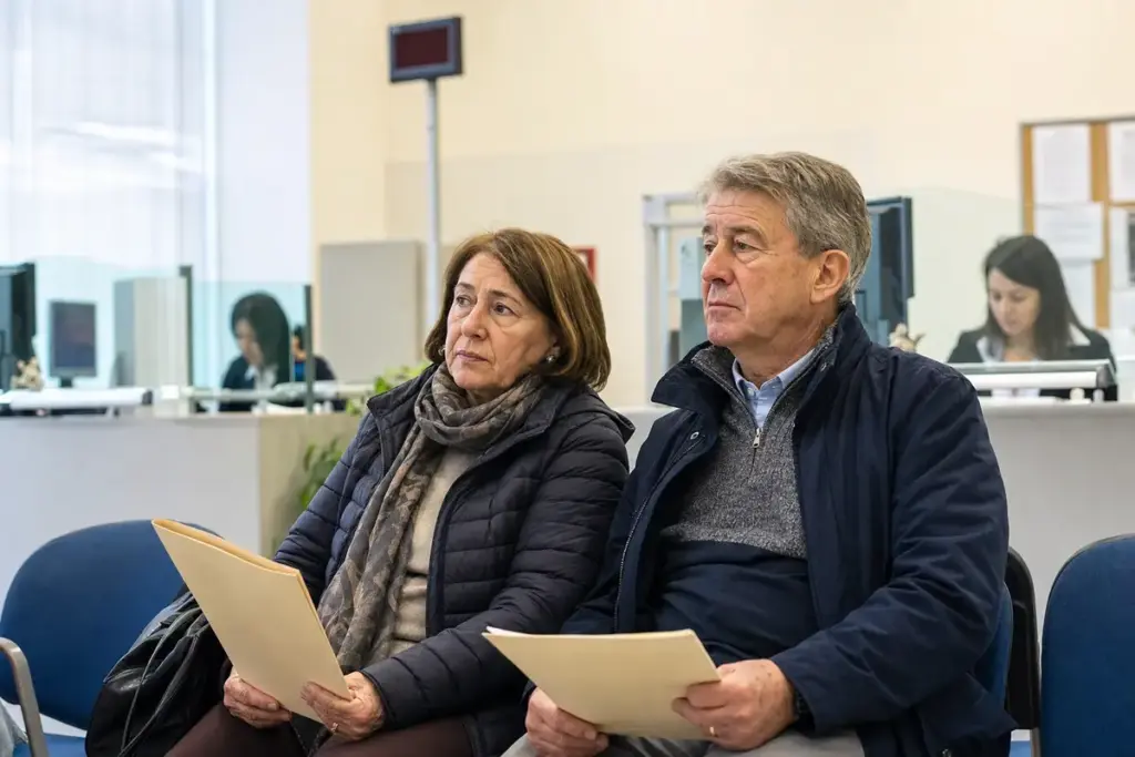 Donna e uomo seduti in sala d’attesa di un ufficio, con cartelle di documenti in mano