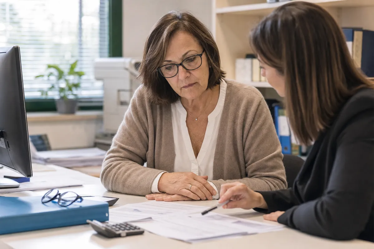 Donna con occhiali esamina documenti in ufficio mentre una collega indica un foglio con una penna