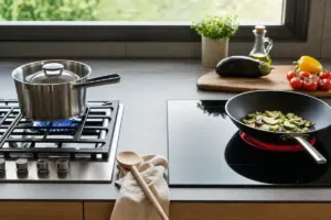 Piano cottura a gas con pentola su fiamma blu e piano a induzione con padella su zona rossa accesa
