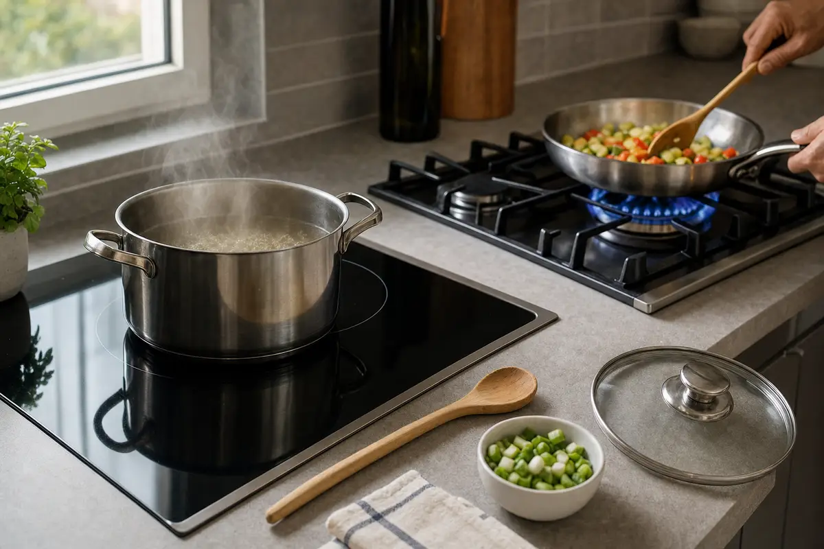 Pentola che bolle su piano a induzione e padella su fornello a gas con fiamma blu in cucina