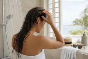 Donna con capelli bagnati si tocca il cuoio capelluto in bagno, con doccia aperta e accessori estivi sul davanzale