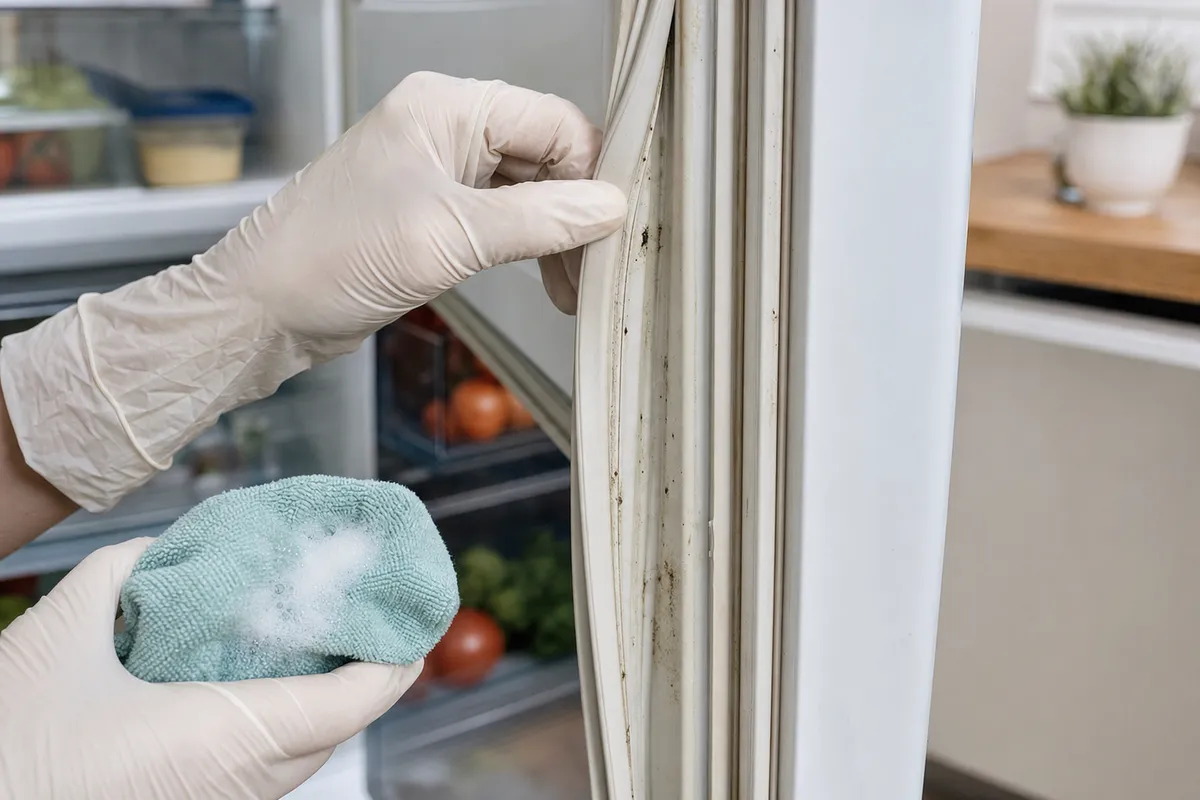 Mani con guanti controllano e puliscono la guarnizione del frigorifero con puntini neri