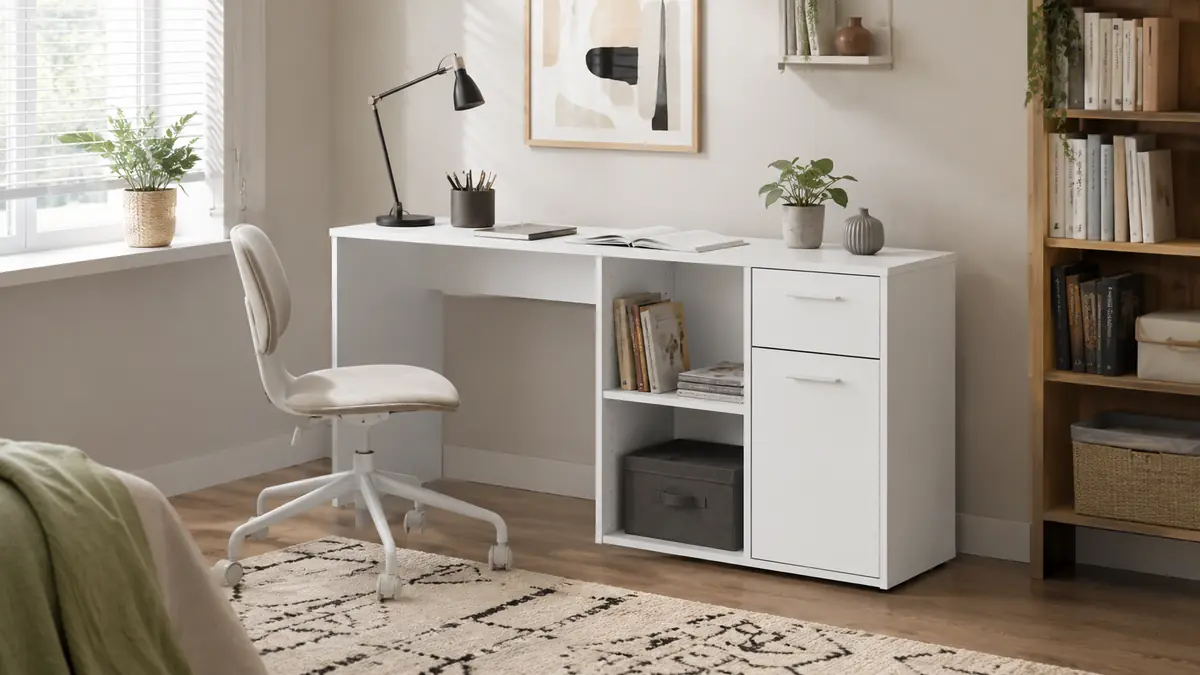 Scomparti, cassetto e anta permettono di organizzare meglio una postazione studio o lavoro