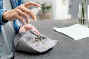Mano che spruzza un flacone su un mazzo di chiavi appoggiate su un panno in microfibra