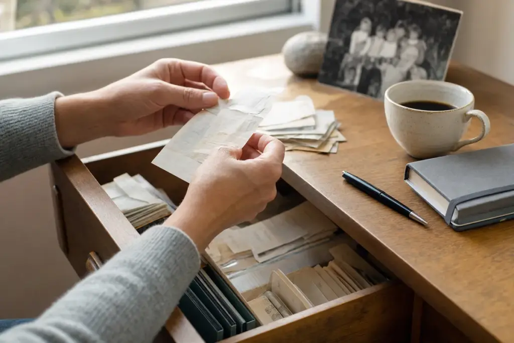 Mani che riordinano vecchi scontrini su una scrivania con cassetto aperto, tazza di caffè e quaderno