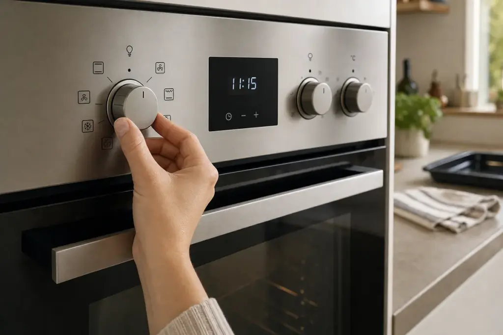 Mano che ruota la manopola di un forno moderno con simboli delle funzioni sul pannello comandi