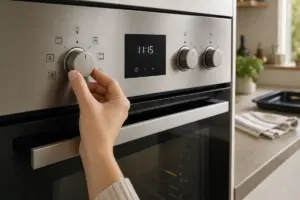 Mano che ruota la manopola di un forno moderno con simboli delle funzioni sul pannello comandi