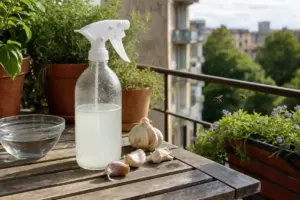 Flacone spray con soluzione all’aglio su tavolo da balcone, con spicchi d’aglio e due vespe vicino alla ringhiera