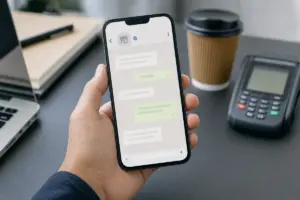 Smartphone in mano con chat business e badge di verifica sul profilo, su una scrivania con laptop e terminale POS