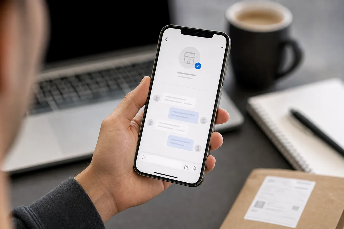 Smartphone con chat aziendale e badge di verifica blu, su scrivania con laptop, tazza di caffè e pacco