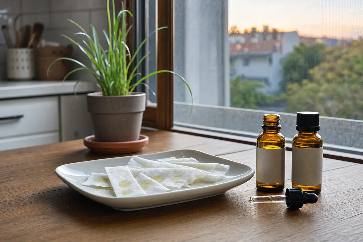 Strisce di carta igienica con gocce di olio essenziale su un vassoio, accanto a boccette ambrate e finestra con zanzariera