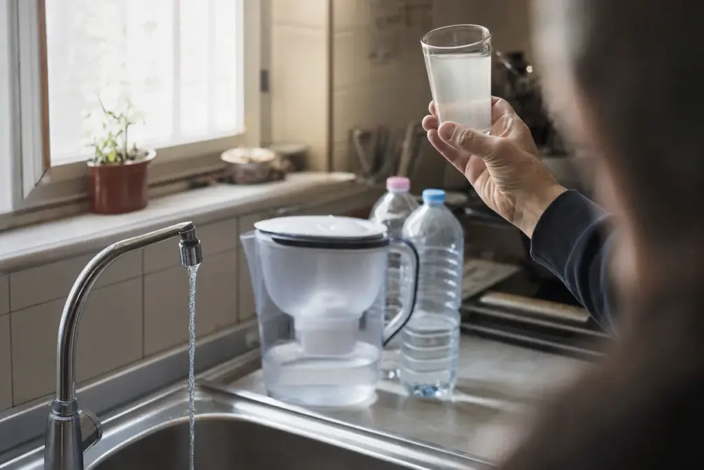 Rubinetto aperto in cucina, caraffa filtrante e bottiglie di plastica mentre una mano osserva un bicchiere d’acqua torbida