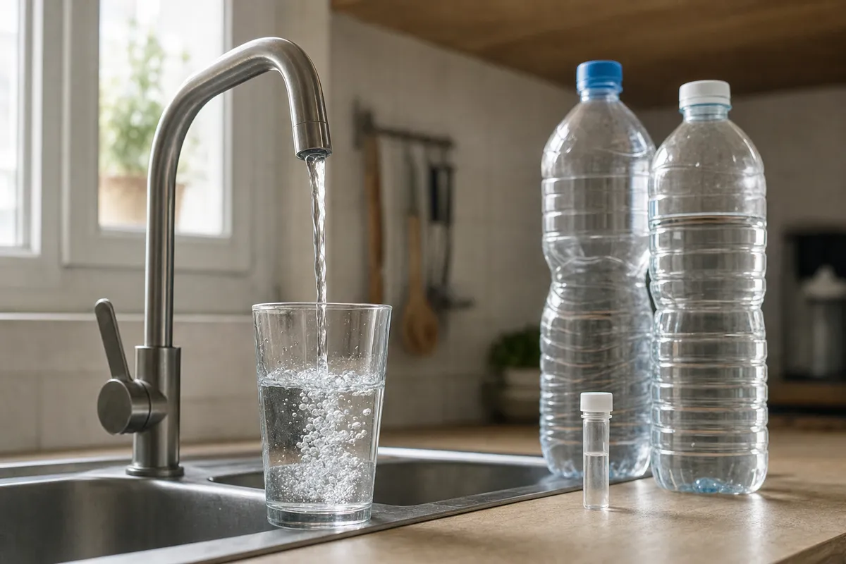 Rubinetto in cucina che riempie un bicchiere d’acqua, con due bottiglie e una fiala per test sul piano