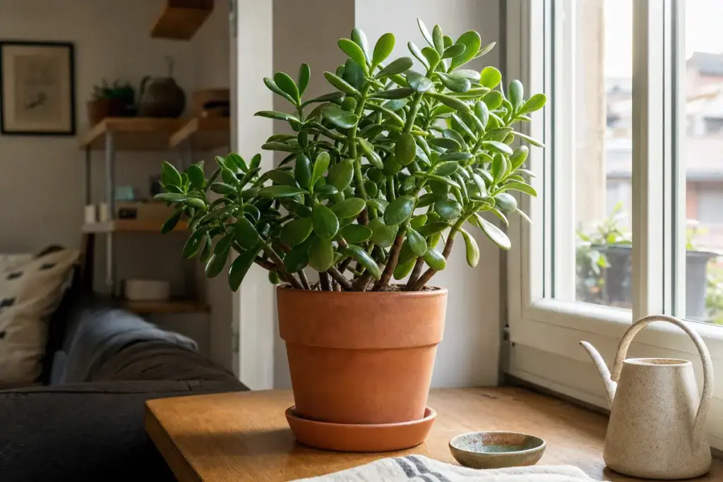 Albero di giada in vaso di terracotta su un tavolo vicino a una finestra luminosa