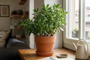 Albero di giada in vaso di terracotta su un tavolo vicino a una finestra luminosa