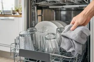 Mano che appoggia un panno in microfibra grigio su bicchieri con aloni nel cestello della lavastoviglie aperta