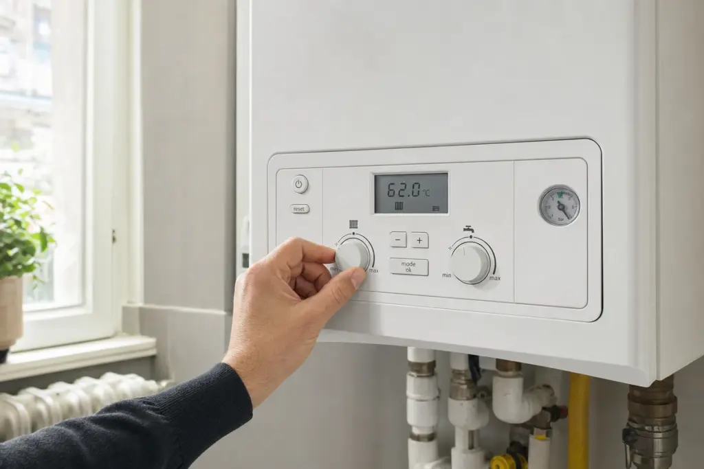 Mano che regola la temperatura su un pannello di controllo della caldaia con display a 62°C
