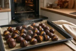 Castagne arrosto appena sfornate su teglia con carta forno, con tagli sulla buccia e vapore, vicino a un canovaccio