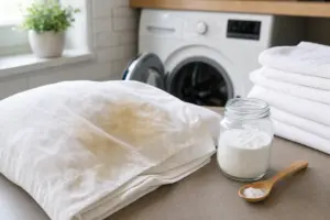 Federa bianca con aloni gialli, barattolo di bicarbonato e cucchiaio su un piano davanti alla lavatrice