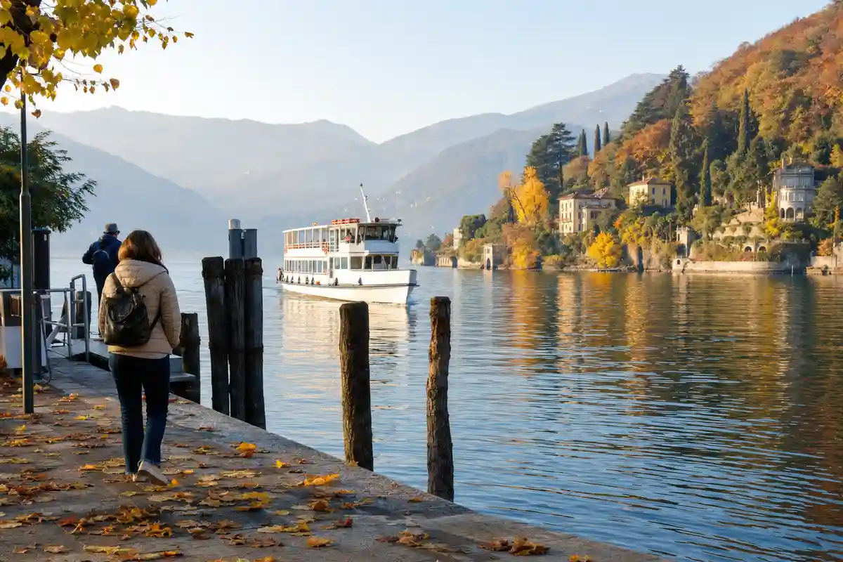 Viaggiatori su un molo con foglie d’autunno mentre un battello si avvicina sul Lago di Como