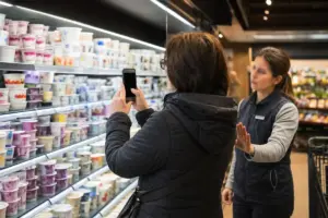 Cliente fotografa con lo smartphone lo scaffale degli yogurt mentre una dipendente del supermercato lo ferma con un gesto