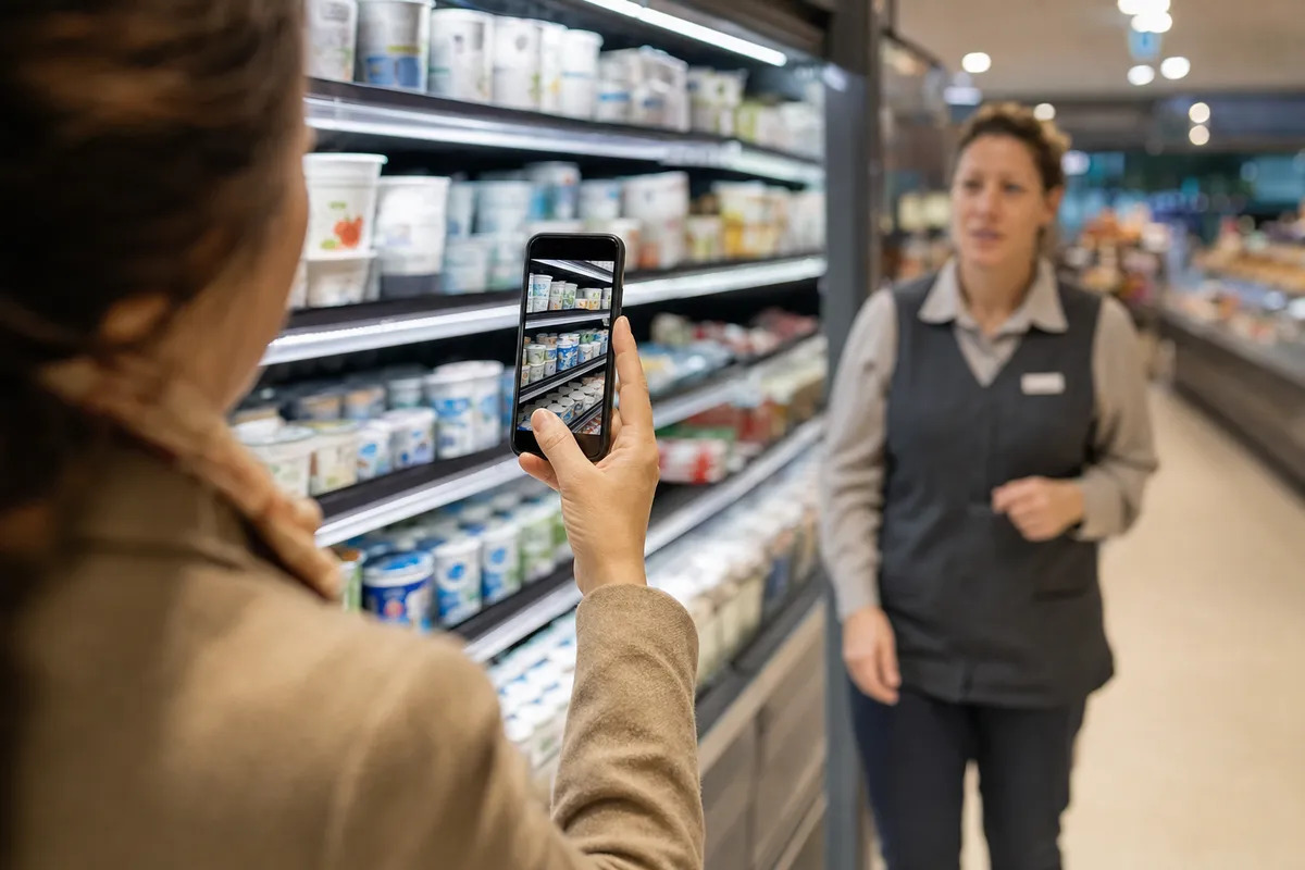 Cliente riprende con lo smartphone uno scaffale di yogurt nel reparto latticini, mentre un’addetta del supermercato si