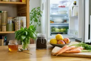 Barattolo di miele, basilico in un bicchiere, caffè in barattolo, limoni, pesche e carote su tavolo con frigo aperto