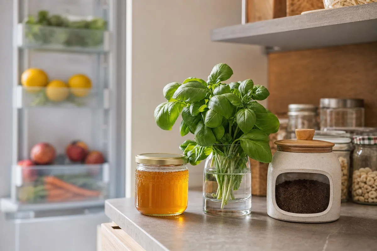 Barattolo di miele, basilico in un bicchiere d’acqua e contenitore di caffè su un piano cucina, con frigo aperto sfocato