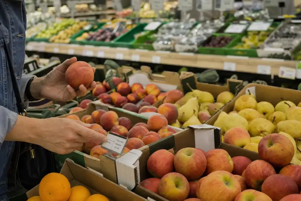 Mano di un cliente che controlla l’etichetta di provenienza mentre sceglie una pesca nel reparto ortofrutta