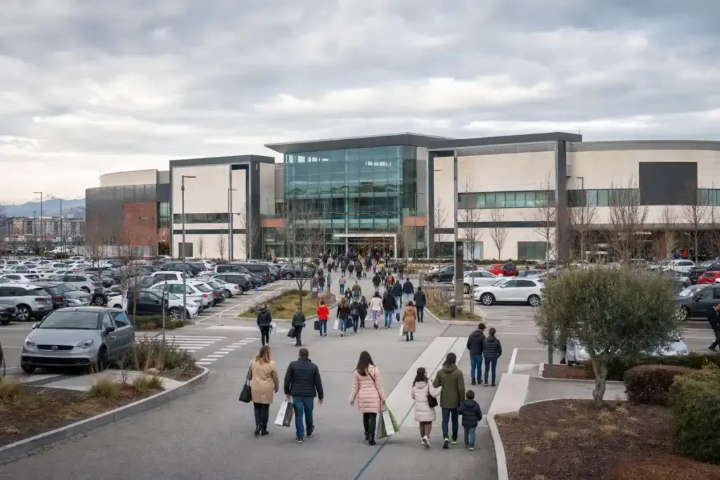 Ingresso di un grande centro commerciale moderno con parcheggio pieno e persone che camminano verso l’entrata