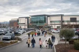 Ingresso di un grande centro commerciale moderno con parcheggio pieno e persone che camminano verso l’entrata