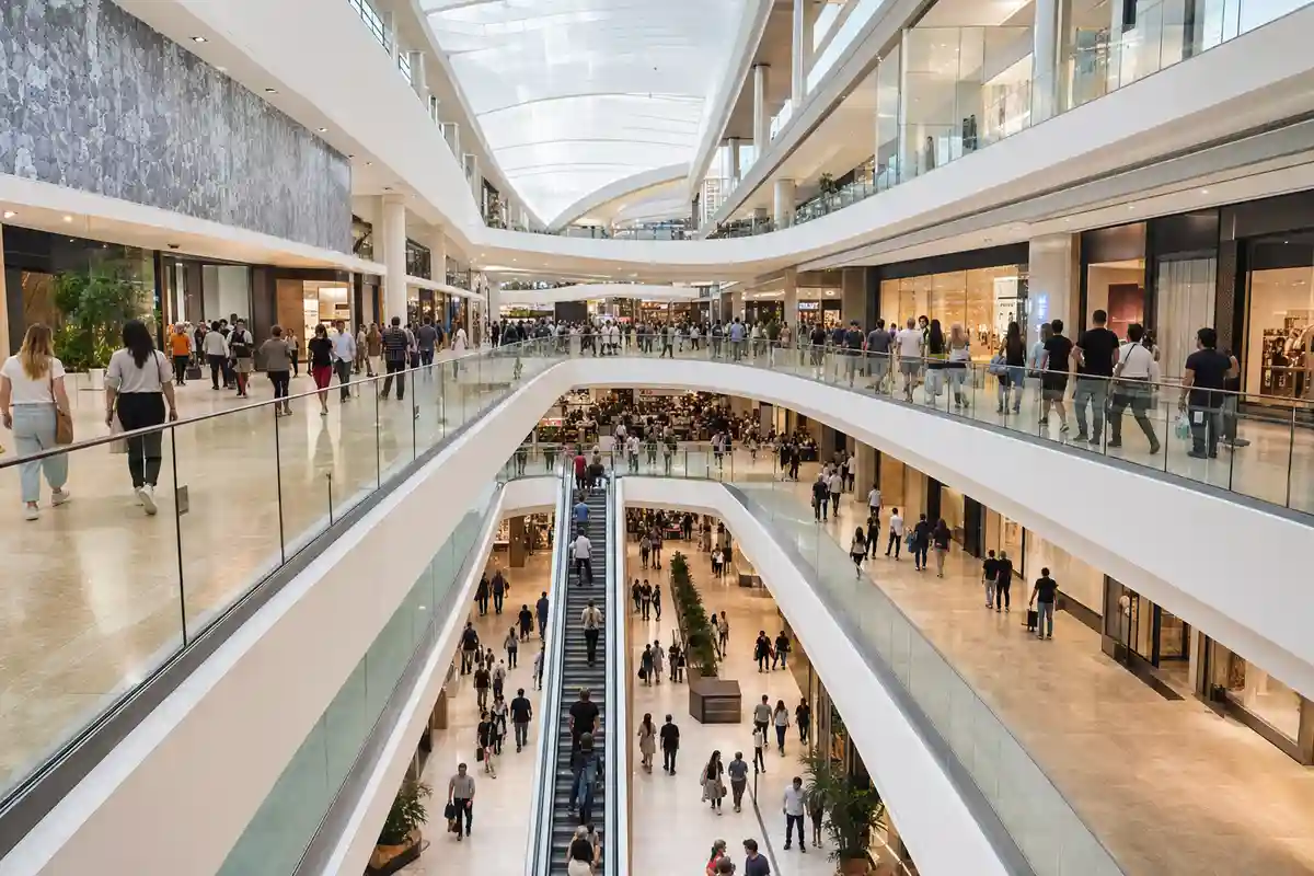 Interno di un grande centro commerciale su più piani, con passerelle in vetro, scale mobili e molti visitatori