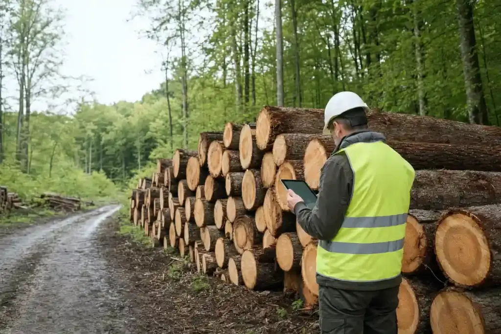 Tecnico forestale con casco e giubbotto alta visibilità controlla tronchi impilati in un bosco con tablet