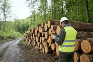 Tecnico forestale con casco e giubbotto alta visibilità controlla tronchi impilati in un bosco con tablet