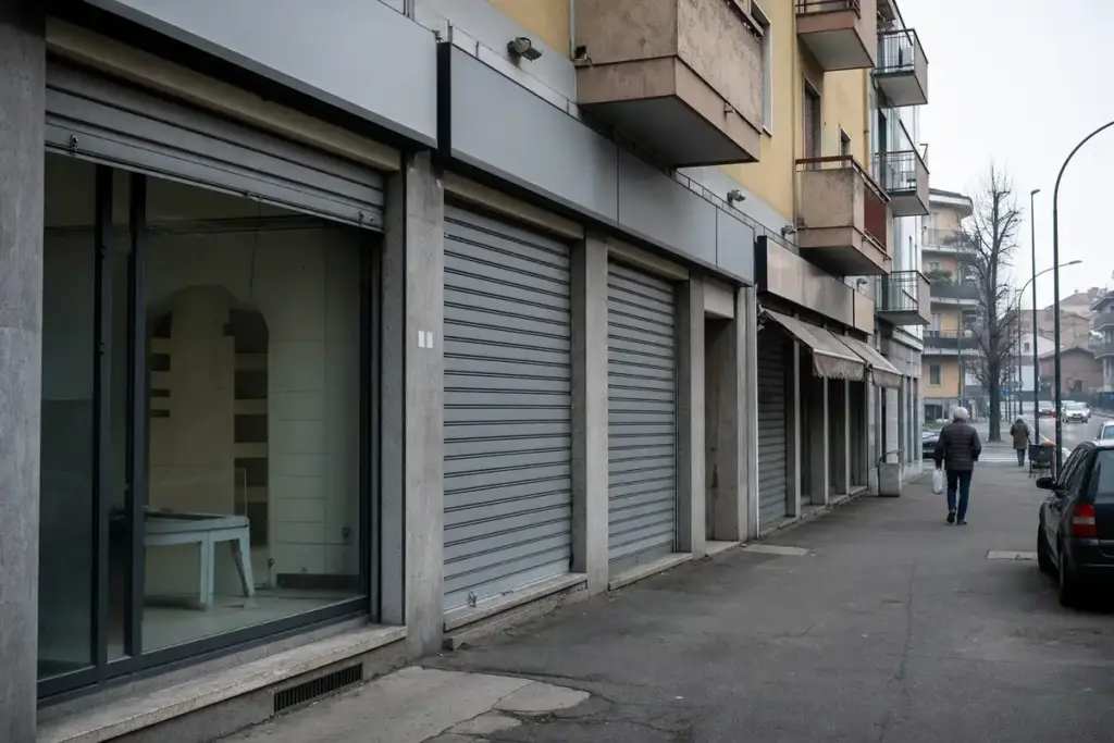 Vetrine vuote e saracinesche abbassate in una strada di quartiere, con un passante sul marciapiede