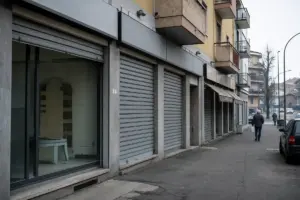 Vetrine vuote e saracinesche abbassate in una strada di quartiere, con un passante sul marciapiede