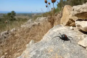 Ragno nero con macchie rosse sull’addome su un muretto di pietra in un paesaggio arido