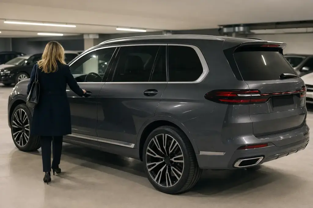 Donna bionda di spalle apre la portiera di un grande SUV grigio scuro in un parcheggio sotterraneo